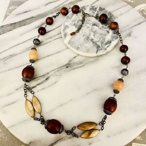 Natural Crystal and Wood‎ Beaded Necklace Brown Neutral Chunky Beads Long 22”